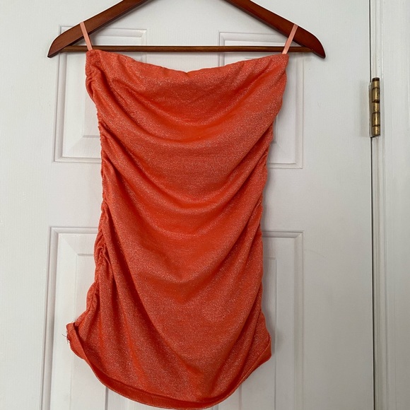 Arden B Tops - Arden b orange ruched shimmer tube top M